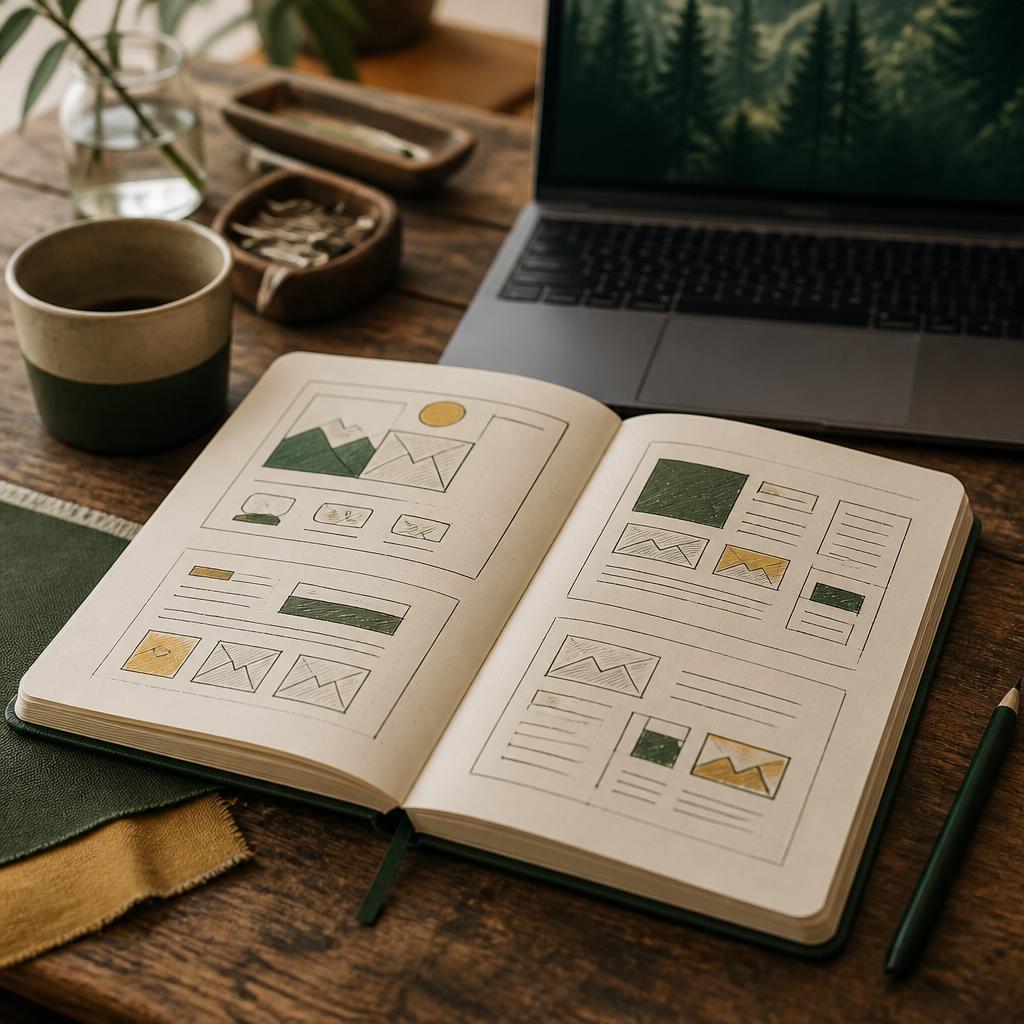A laptop and notebook used for website planning