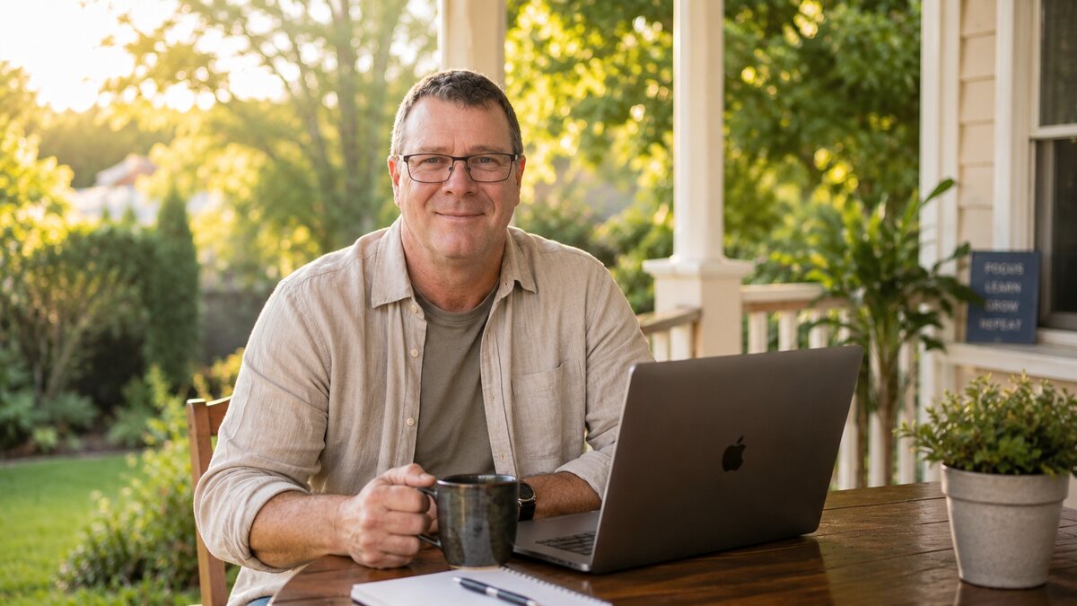 Carl Sheffer seated outdoors with a laptop and a coffee cup
