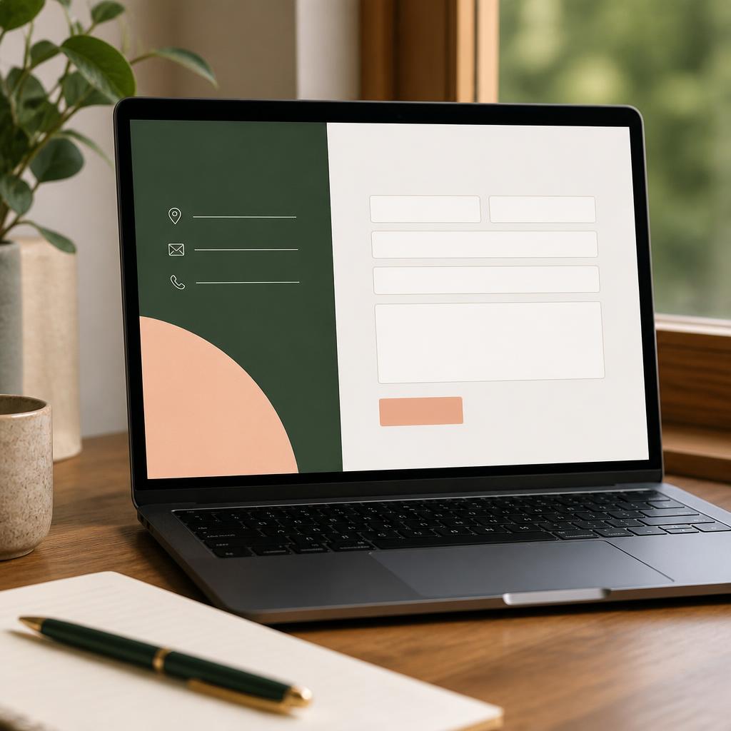 A clean contact page design on a laptop beside a notebook