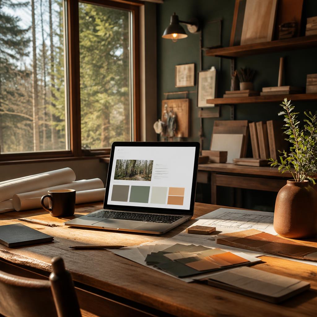 A laptop displaying a website layout beside notes, a mug and a plant