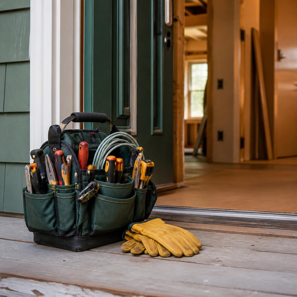 Organized electrician tools beside a residential doorway