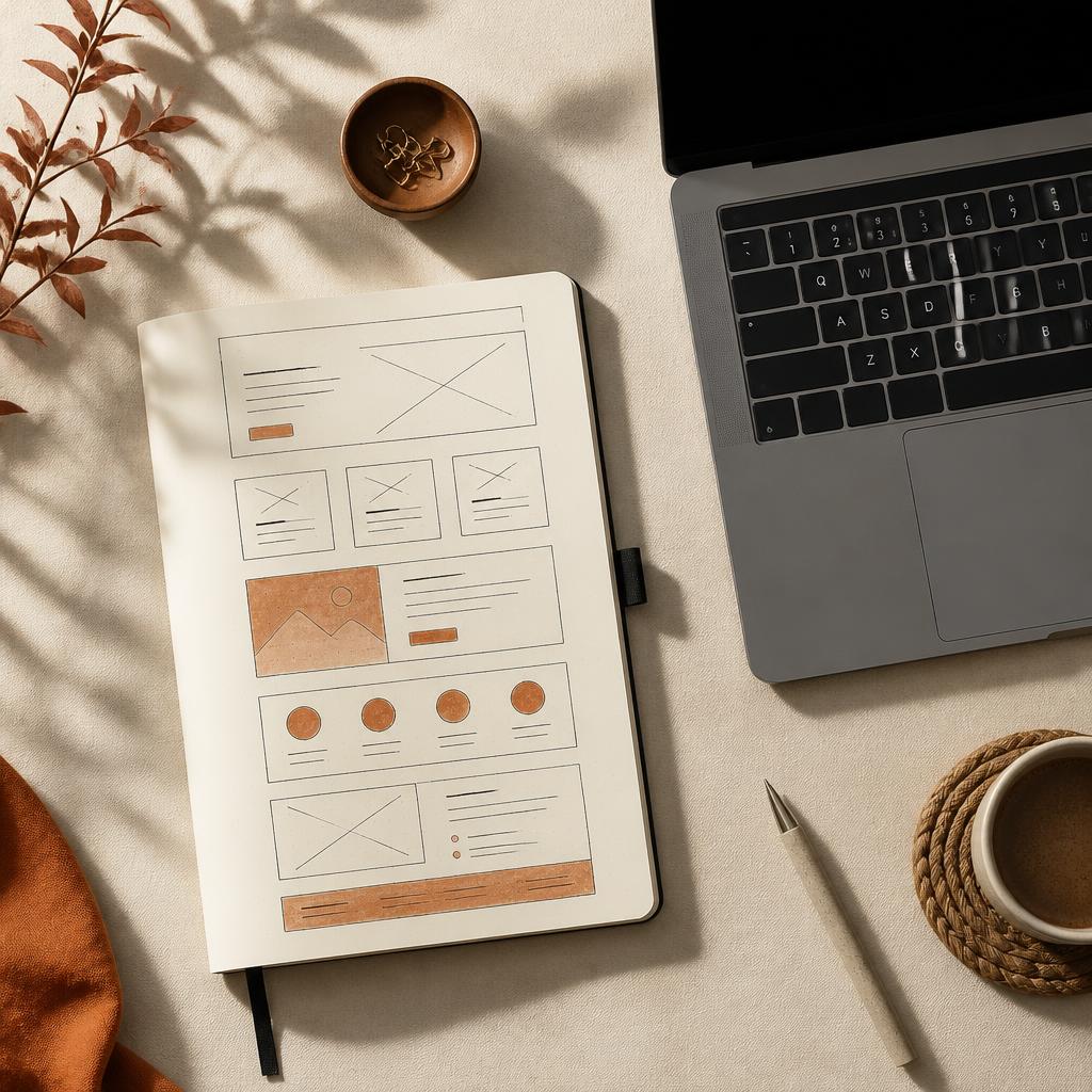 One page website layout planned beside an open notebook