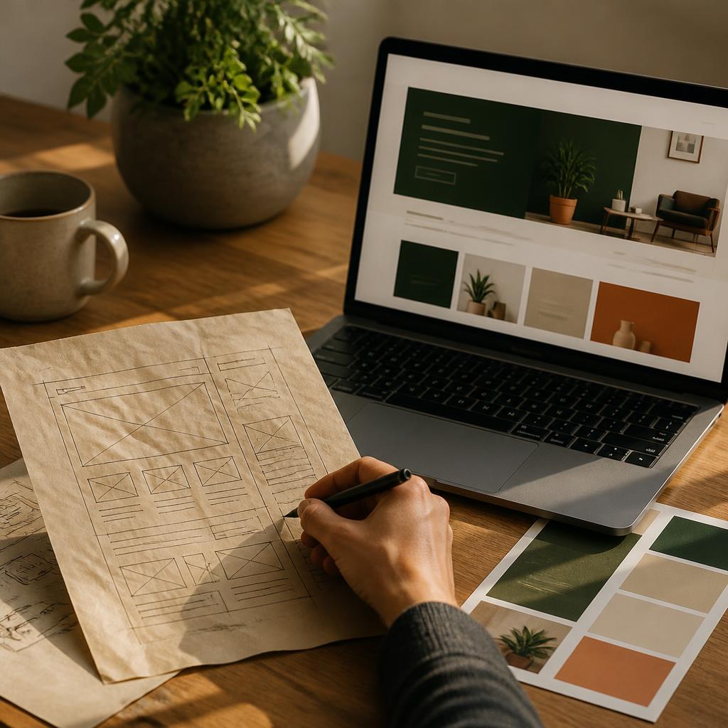 A website layout being reworked on paper beside a laptop