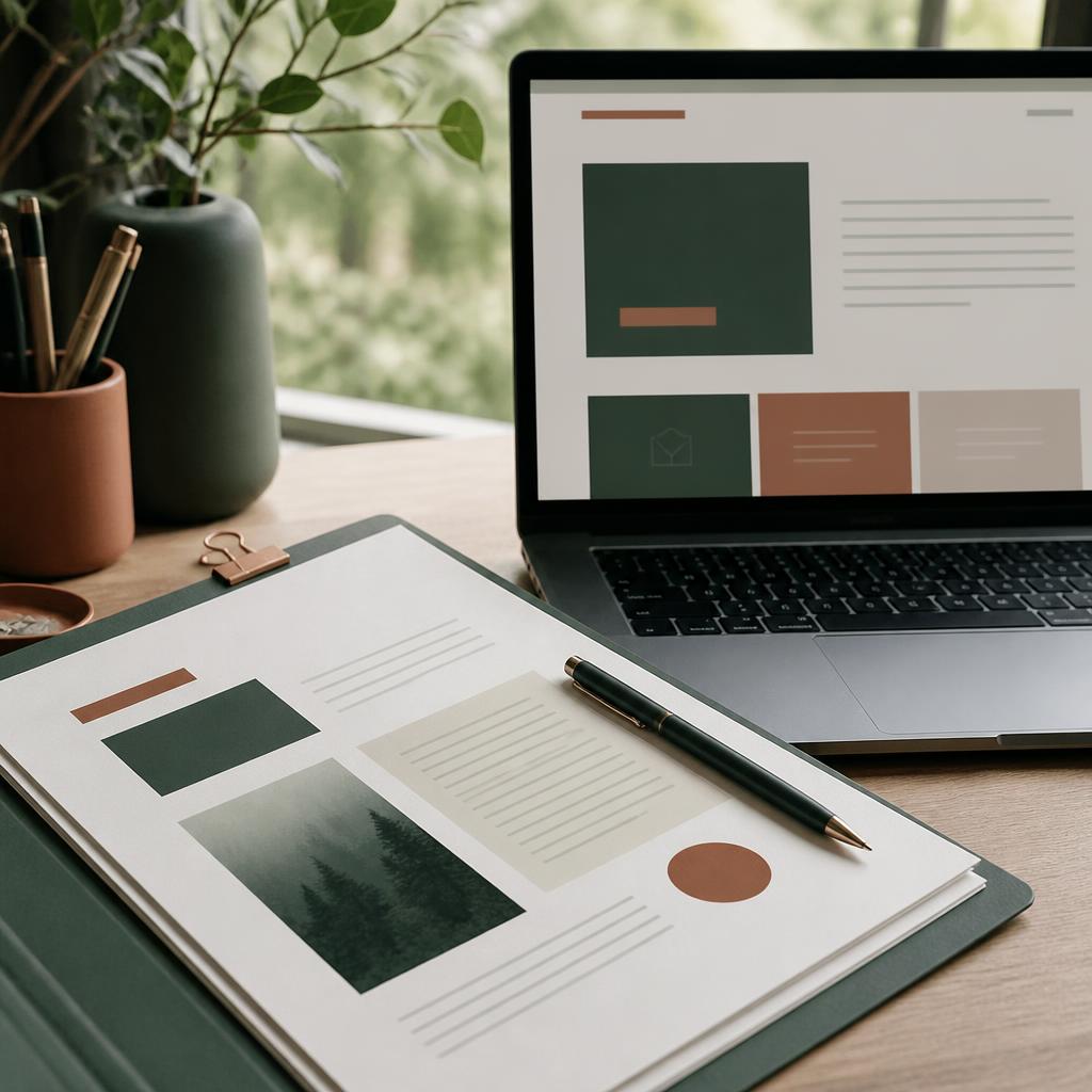 Website documents and notes arranged on a worktable