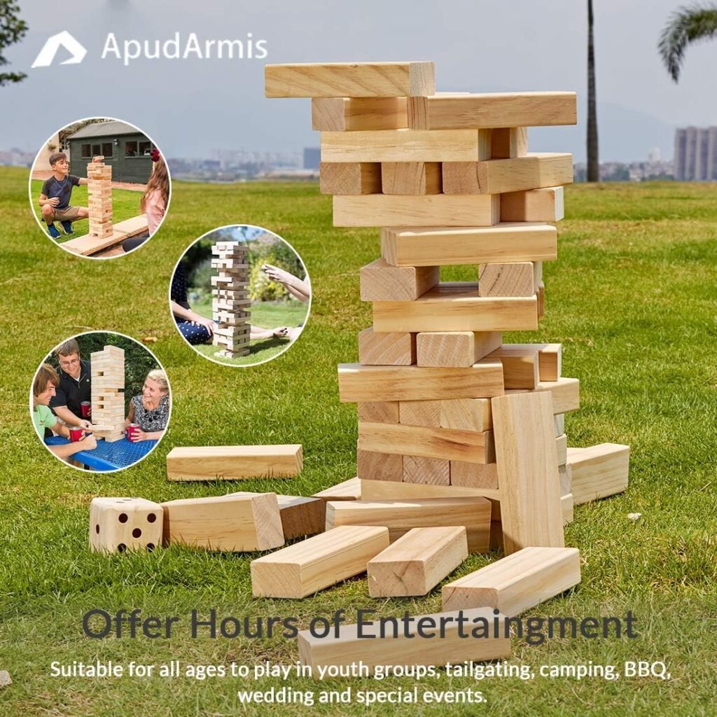 ApudArmis Giant Tumble Tower (Stack from 2Ft to Over 4.2Ft), 54 PCS Pine Wooden Stacking Timber Game with 1 Dice Set - Classic Block Giant Outdoor Game for Kids Adults Family
