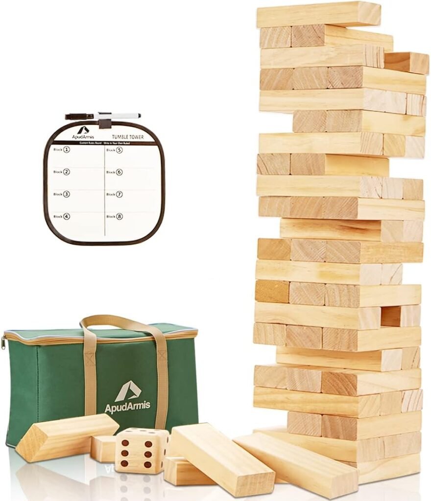 ApudArmis Giant Tumble Tower (Stack from 2Ft to Over 4.2Ft), 54 PCS Pine Wooden Stacking Timber Game with 1 Dice Set - Classic Block Giant Outdoor Game for Kids Adults Family