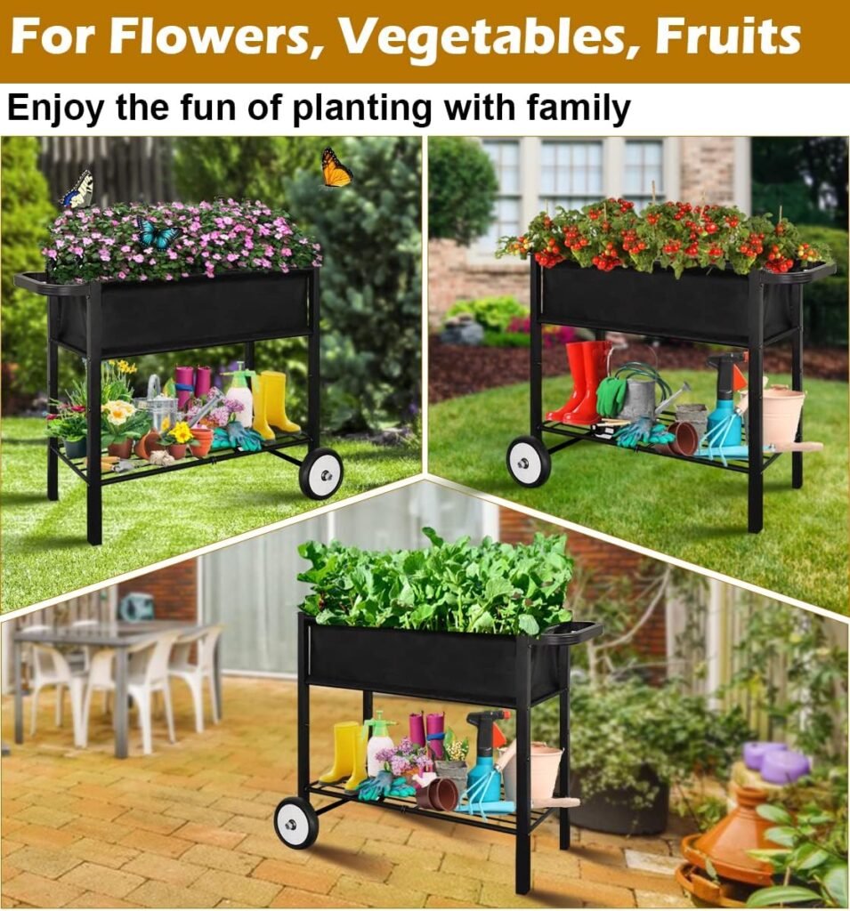 Koutemie Outdoor Raised Planter Box with Legs for Gardening, Elevated DIY Garden Bed Cart on Wheels for Vegetables Flower Tomato Herb Plant, Black