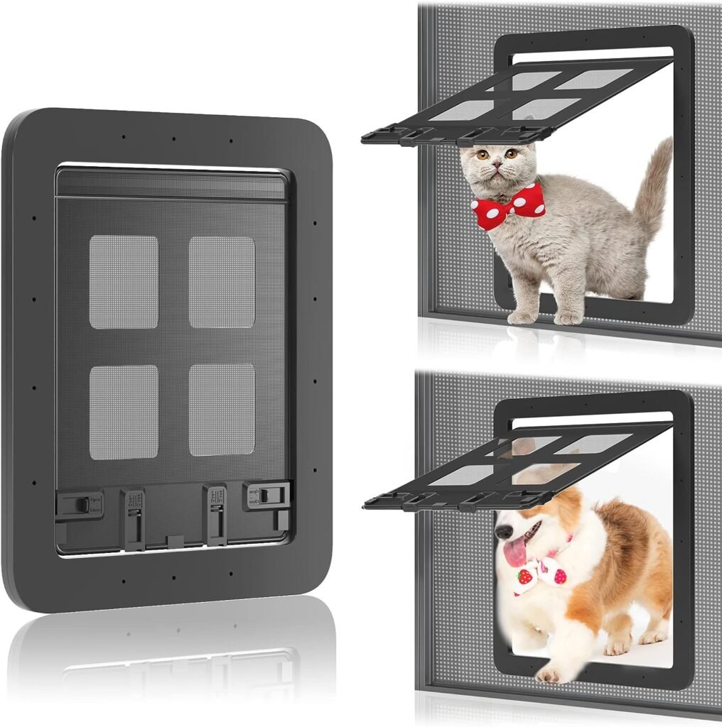 MIAOTONG Cat Screen Door, 2023 Upgrade Pet Screen Door, Dog Door for Screen Door with Magnetic Flap, 7 1/2 x 9 1/2, 4 Way Switch Control Access, Sturdy and Anti-Falling (Pets Up to 30Lb