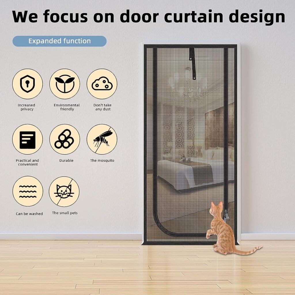 QWR Upgraded Pet Screen Door Fits Doors Up to 30x80,Heavy Duty Cat Proof Mesh Screen Door with Zipper Closure,Prevent Cats Running Out from Home,Bedroom,Living Room,Kitchen(U-Type,Black)