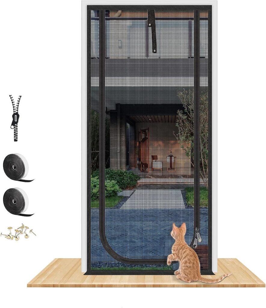 QWR Upgraded Pet Screen Door Fits Doors Up to 30x80,Heavy Duty Cat Proof Mesh Screen Door with Zipper Closure,Prevent Cats Running Out from Home,Bedroom,Living Room,Kitchen(U-Type,Black)