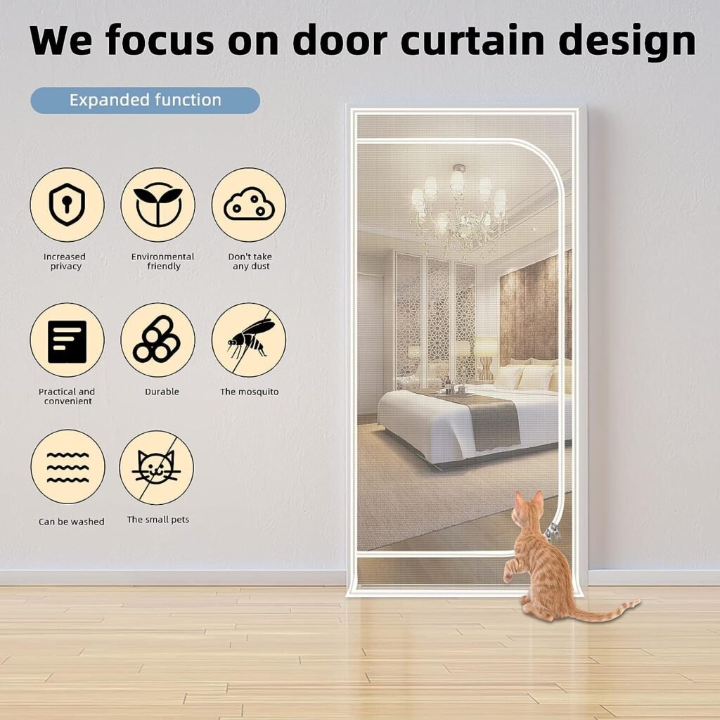 Reinforced Cat Screen Door,Fits Door Size 32x 80,Thickened Cat Resistant Mesh Screen Door for Living Room,Kitchen,Bedroom,Cat Proof Screen with Zipper Closure.